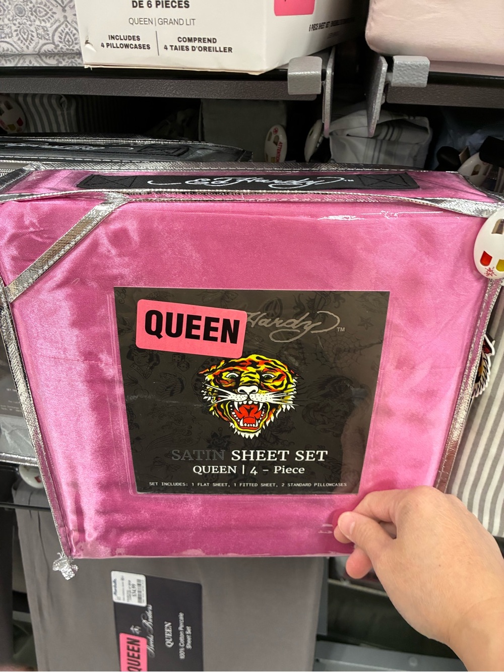 Ed Hardy Satin Queen Sheet Set in Hot Pink with Silver Trim